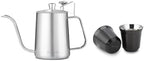 Easyworkz Gage Gooseneck Pour Over Coffee Kettle 20 oz with Thermometer, Silver, Bundled with Easyworkz Stainless Steel Espresso Cup 2pcs Set Double Wall Insulated Metal Demitasse Cups (Black, 5 oz) by Easyworkz