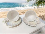 Oyster Model pearlescent inlay 2-Person Porcelain Tea & Coffee Cup Set (Large Size), Unique Seashell Design for refined Presentation - Mother of Pearl White - Image 6