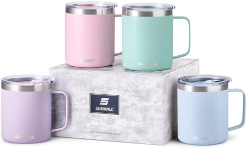 SUNWILL Travel Coffee Mug Set of 4, 14 oz Insulated Stainless Steel by SUNWILL