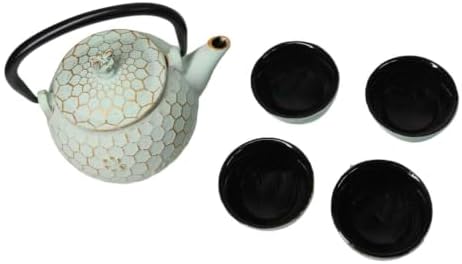 Ebros Gift Traditional Oriental Tetsubin Small Cast Iron 10oz Teapot With Strainer And 4 Mini Tea Cups 1oz Asian Fusion Housewarming Tea Service Drinkware Accent (Mint Green Honeycomb Textured) - Image 6