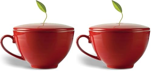 Tea Forte Cafe Cup Ruby Red Porcelain Tea Cup and Lid, Steeps 8 oz., Microwave and Dishwasher Safe (Pack of 2) by TeaForte