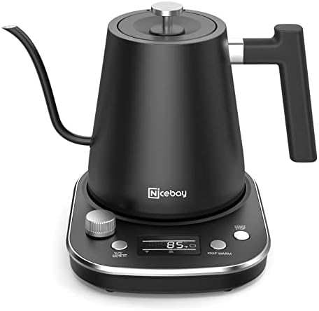 Nicebay Electric Gooseneck Kettle, Kettle with Heating Base Buttons and LED Display, Pure Stainless Steel Inner Tea 1200W Fast Heating, Pour Over Coffee 0.8L, Black, (SK-0804) by Nicebay