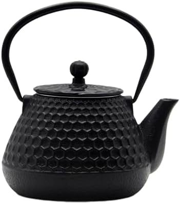 20.3oz Small Cast Iron Teapot, SECHUDO Cast Iron Tea Kettle for Stovetop Safe Coated with Enameled Interior, Cast Iron Tea Pot with Stainless Steel Infuser for Loose Tea (Black Honeycomb Pattern) by SECHUDO