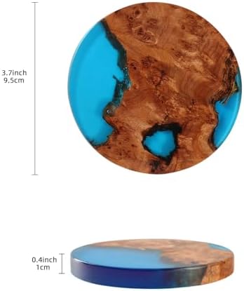 Wooden Beverage Coaster Set of 6 with Holder - Handmade Resin Wood Coasters, Drink Coaster Set for Coffee Tables, Home Bar Decorations, Round Blue Wood Coaster Set - Image 5
