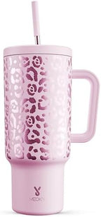 Meoky 40 oz Tumbler with Handle and Straw, Tumbler with Lid and Straw, Insulated Stainless Steel Travel Mug, 100% Leak-proof, Keeps Cold for 34 Hours or Hot for 10 Hours (Pink Leopard) by MEOKY