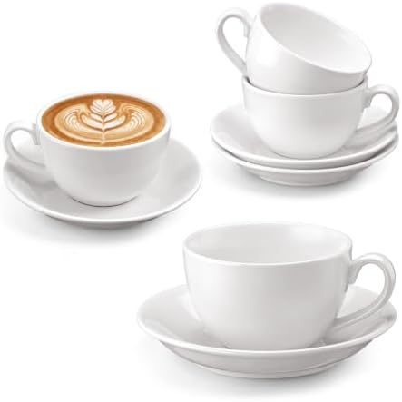 4 Set 12oz Cappuccino Cups with Saucers, Heavyweight Porcelain by Acellegic