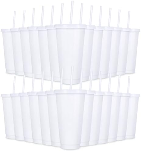 24 Pack Plastic Tumblers With Lids and Straws, Reusable 24 oz Colorful Cups for Parties, Birthdays, Iced Coffee, Cold Drinks (Stylish Colors-White) by LEIFEOSH
