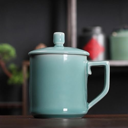 Handcrafted blue porcelain tea cup set - 14 ounces, with lid and tea saucer - Image 2