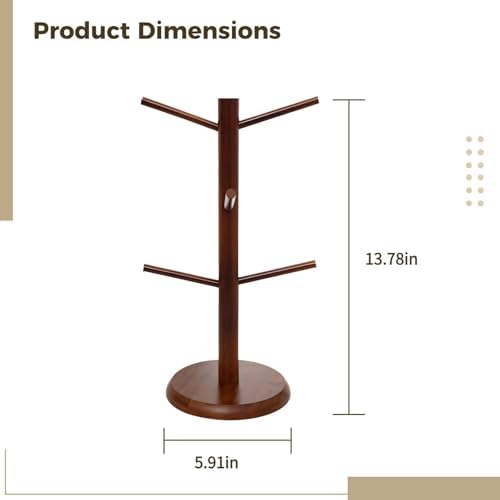 Kitchen Mug Tree, Brown Wood, 6 Hooks, Freestanding Cup Display, Space-Saving Countertop Organizer - Image 5