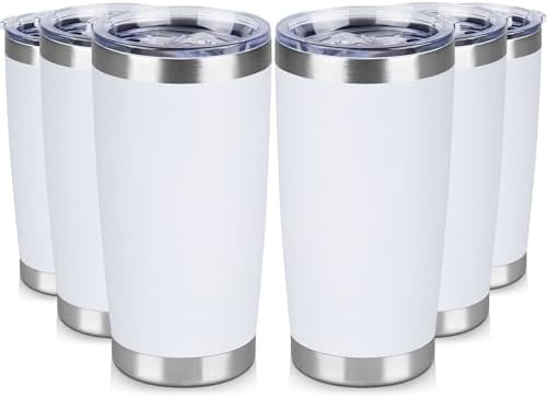 20 oz Tumbler Stainless Steel Tumblers Bulk with Lid Double Wall Insulated Coffee Tumbler Cups for Hot & Cold Drinks Powder Coated Travel Coffee Tumbler Mug Metal (White, 6 pack) by VQRRCKI