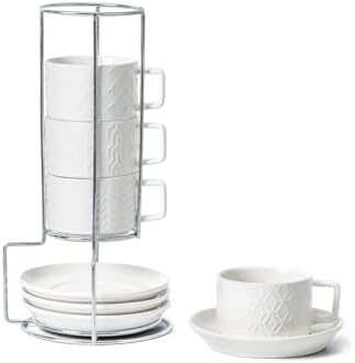 4oz Ceramic Espresso Cups Set of 4, with Stand and Saucers, White by Sureasy