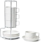 4oz Ceramic Espresso Cups Set of 4, with Stand and Saucers, White by Sureasy