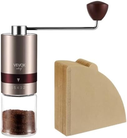 VEVOK CHEF Manual Coffee Grinder & 200PCS #2 Cone Coffee Filters Bundle, Stainless Steel Adjustable Burr Hand Grinder Unbleached Natural Paper Filters for Home Camping by VEVOKCHEF