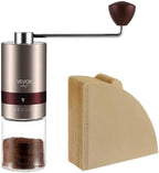 VEVOK CHEF Manual Coffee Grinder & 200PCS #2 Cone Coffee Filters Bundle, Stainless Steel Adjustable Burr Hand Grinder Unbleached Natural Paper Filters for Home Camping by VEVOKCHEF