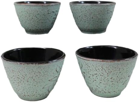 Ebros Gift Pack Of 4 Japanese Traditional Tetsubin Style Textured Surface Cast Iron Tea Cups Teacups Drinkware Tea Service Far East Decorative Accent (Seafoam Green Floral Petals) - Image 2