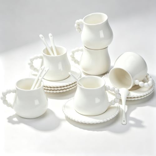 Coffee Cups Set of 6, 8 oz Ceramic Espresso Coffee Cup Set, Latte Mugs with Saucers and Spoons for Cappuccino, Latte, Mocha, Tea, Au Lait, Dishwasher & Microwave Safe by Hebaogugu