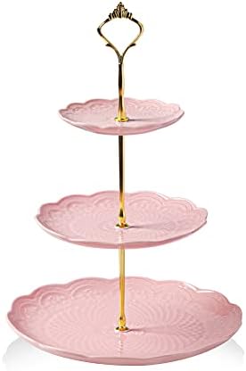 Sweejar 3 Tier Ceramic Cake Stand Wedding, Dessert Cupcake Stand for Tea Party Serving Platter(Rose Pink) by Sweejarco1949
