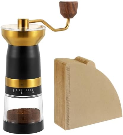 VEVOK CHEF 10 Adjustable Coffee Grinder with 200PCS #2 Cone Coffee Filters Bundle, Stainless Steel Conical Burr Portable Hand Coffee Mill & Unbleached Natural Paper Filters for Home Camping by VEVOKCHEF