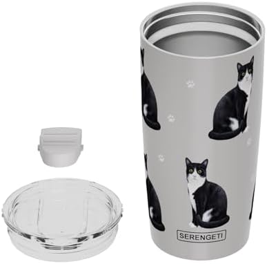 SERENGETI Black And White Cat 20 Oz. Stainless Steel, Vacuum Insulated Tumbler with Spill Proof Lid - 3D Print - Insulated Travel mug for Hot or Cold Drinks (Black And White Cat Tumbler) - Image 5