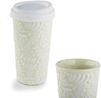 Handcrafted Talavera Ceramic Travel Mug with Silicone Lid, 16 oz, 6.5 Inch Tall, Mexican Embossed Pottery Coffee Tumbler – Artisan Texture & Relief Design (Desert Cream) by MEXTEQUIL