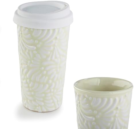 Handcrafted Talavera Ceramic Travel Mug with Silicone Lid, 16 oz, 6.5 Inch Tall, Mexican Embossed Pottery Coffee Tumbler – Artisan Texture & Relief Design (Desert Cream) by MEXTEQUIL