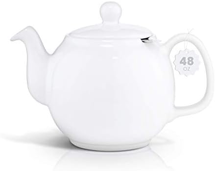 SAKI Large Porcelain Teapot, 48 Ounce Tea Pot with Infuser, Loose Leaf and Blooming Tea Pot - White by SAKI