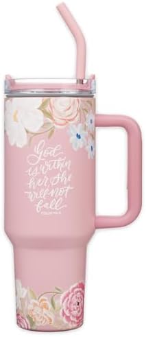 Christian Art Gifts XL Stainless Steel Double-Wall Insulated Womens Travel Mug Tumbler Thermos: God is Within Her Inspirational Scripture, Reusable Straw, Twist-Dial Lid, Pink Multicolor Floral, 40 oz by ChristianArtGifts