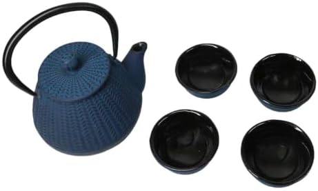 Ebros Gift Traditional Oriental Tetsubin Small Cast Iron 10oz Teapot With Strainer And 4 Mini Tea Cups 1oz Asian Fusion Housewarming Tea Service Drinkware Accent (Royal Blue Tokusa Geometry) - Image 3