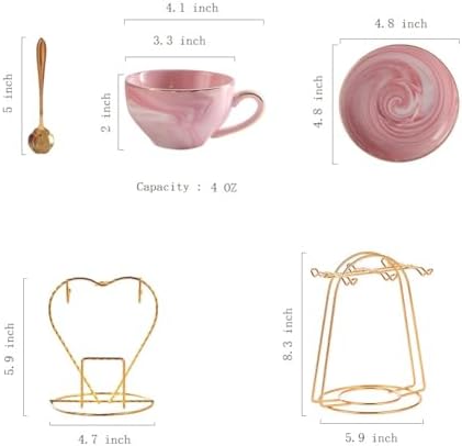 Ceramic Espresso Cups Set with Saucers and Metal Stand, 4 oz Porcelain Stackable Cappuccino Cups Teacup For Tea, Espresso, Latte, Coffee, Cafe Mocha (Pink - Image 5
