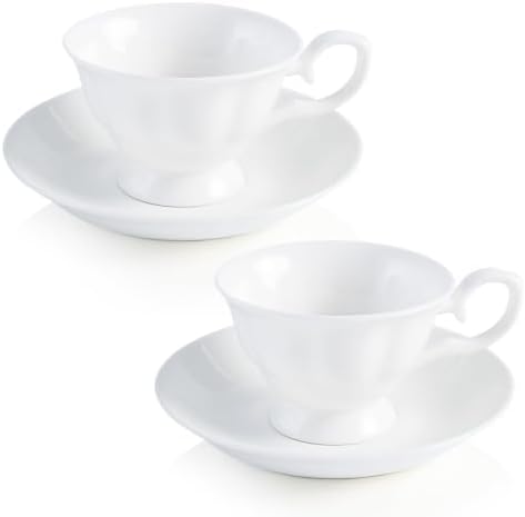 Fine Bone China Tea Cups and Saucers Set of 2, 4 oz by COSTMANCE