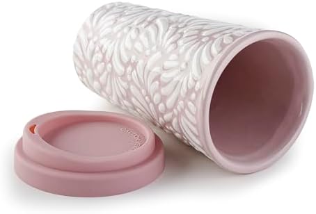 Handcrafted Talavera Ceramic Travel Mug with Silicone Lid, 16 oz, 6.5 Inch Tall, Mexican Embossed Pottery Coffee Tumbler – Artisan Texture & Relief Design (Mexican Rose Petal) - Image 3