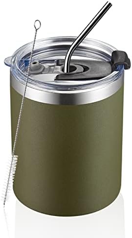 MEWAY 12 oz Lowball, Tumbler Stainless Steel Double Wall Vacuum Insulated Mug with Straw and Lid, Cleaning Brush ，Durable Powder Coated Insulated Coffee Cup for Cold & Hot Drinks (Army Green,12) - Image 2