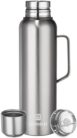 Insulated Vacuum Thermo Bottle 1500ml/50.7oz with Cup Stainless Steel Coffee Bottles for Hot and Cold Drink Water Flask.(Silver, with Handle, 1500ml) by GIOGD