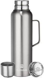 Insulated Vacuum Thermo Bottle 1500ml/50.7oz with Cup Stainless Steel Coffee Bottles for Hot and Cold Drink Water Flask.(Silver, with Handle, 1500ml) by GIOGD