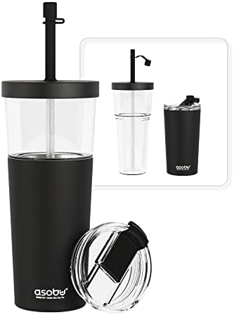 asobu ClearInsulation Flexi Straw Tumbler Marina a Tritan 28 oz Tumbler with 17 Oz Stainless Steel Insulated Sleeve for Ice Coffee or Hot Tea (Black) by Asobu