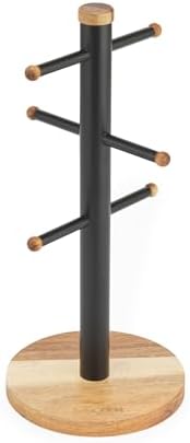 Salter BW13566EU7 Toronto Mug Tree – Acacia Wood Cup Holder for Kitchen Countertop Tabletop, 6 Branch Display Stand for Coffee Mugs/Tea Cups, Freestanding Sturdy Steel Storage Rack, Black by Salter