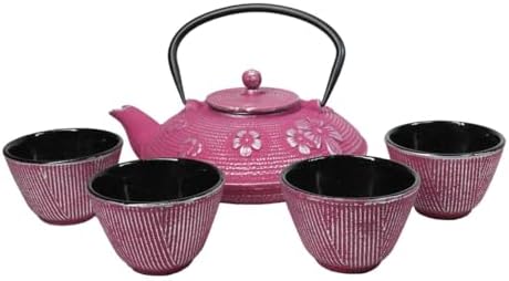 Ebros Gift Oriental Tetsubin Traditional Cast Iron Tea Pot With 4 Cups And Strainer Set 27oz Enameled Interior Home Decor Asian Living Gift And Housewarming (Magenta Ume Plum Floral Blossoms) by EbrosGift