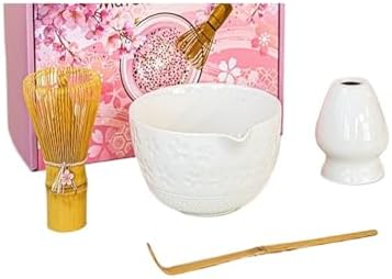 4 Pcs Matcha Set Kit With Spouted Bowl Bamboo Whisk Chasen(White 4-piece set) by Unknown