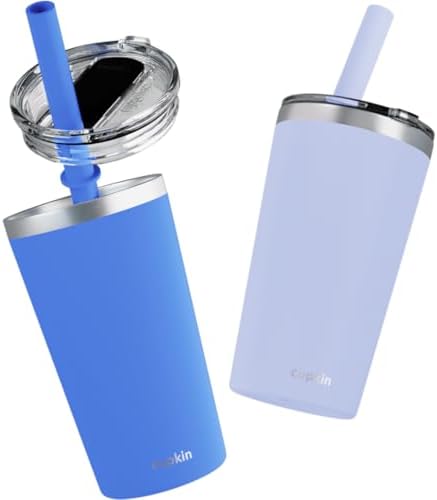 CUPKIN Toddler Tumblers, The Original 12 oz Stackable Stainless Steel Cups, Set of 2 Powder Coated Insulated Kids Water Bottle Alternative & BPA Free Lids + Reusable Silicone Straws (Blue + Gray) by CUPKIN