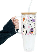 Halloween Ghost Holding Books 40oz Glass Tumbler with Handle, Lid and Straw by Sip-SipHooray