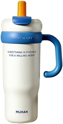 MUHAN 30oz Insulated Tumbler with Handle, Stainless Steel Water Bottle, Travel Mug (Blue White-316 stainless steel inner （Lid+tea strainer+Straw+handle）, MUHAN 30oz Insulated Tumbler with Handle) by Unknown