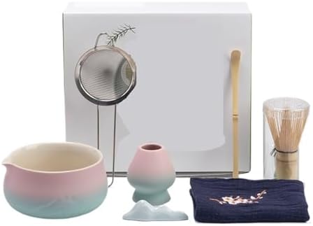 5-7PCS Ceramic Mountain Matcha Bowl Set Whisk Holder Diancha Tea Tools Kit(Pink-7pcs) by Unknown
