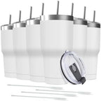 30oz Stainless Steel Travel Mug with Lid, 6 Pack Double Wall Vacuum Insulated Bulk Tumbler with 6 Straws, Powder Coated Coffee Cup Suitable for Vehicle Cup Holders(White) by Deitybless