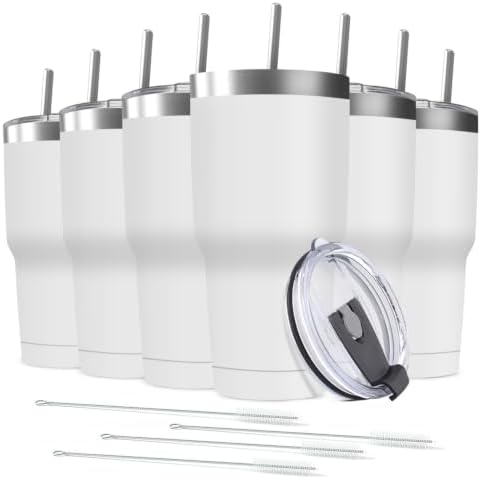 30oz Stainless Steel Travel Mug with Lid, 6 Pack Double Wall Vacuum Insulated Bulk Tumbler with 6 Straws, Powder Coated Coffee Cup Suitable for Vehicle Cup Holders(White) by Deitybless