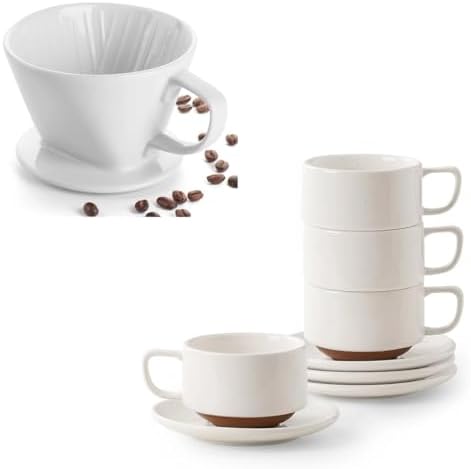 DOWAN 5oz Coffee Cup and Saucer Set of 4 and Pour Over Coffee Maker by DOWAN