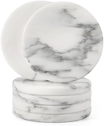 Koville Marble Coasters Set of 6 for Home Décor, 3.9" Inches Handmade Round Coaster, Luxury Aesthetic Modern Drink Coaster for Table Décor, Coasters for Dining, Bar or Office (Arabescato White) by Koville