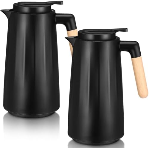 Ziliny 2 Pcs 34 oz Thermal Coffee Carafe for Keeping Hot/Cold Double Wall Vacuum Carafe with Insulated Glass Liner and Wood Handle Coffee Pot Container for Drinks Milk Tea Chocolates(Black) by Ziliny