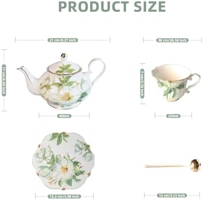 Vintage Floral Porcelain Bone China Tea Set - 1 Teapot, 2 Cups & Saucers with Gold Trim, Includes 2 Spoon, 22oz Floral Ceramic Teapot (Suitable for 1 to 3 people) (White Camellia) - Image 2