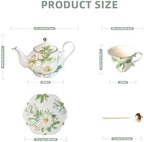Vintage Floral Porcelain Bone China Tea Set - 1 Teapot, 2 Cups & Saucers with Gold Trim, Includes 2 Spoon, 22oz Floral Ceramic Teapot (Suitable for 1 to 3 people) (White Camellia) - Image 2