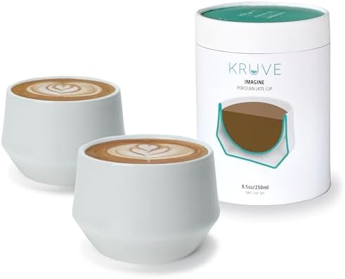 KRUVE IMAGINE Porcelain Latte Coffee Cups, Double Walled Espresso Cups, Glass Cups Set of Two - 8.5oz Thermal Spherical Design for Latte Art, Insulated Coffee Mugs for Heat Retention (White) by KRUVE